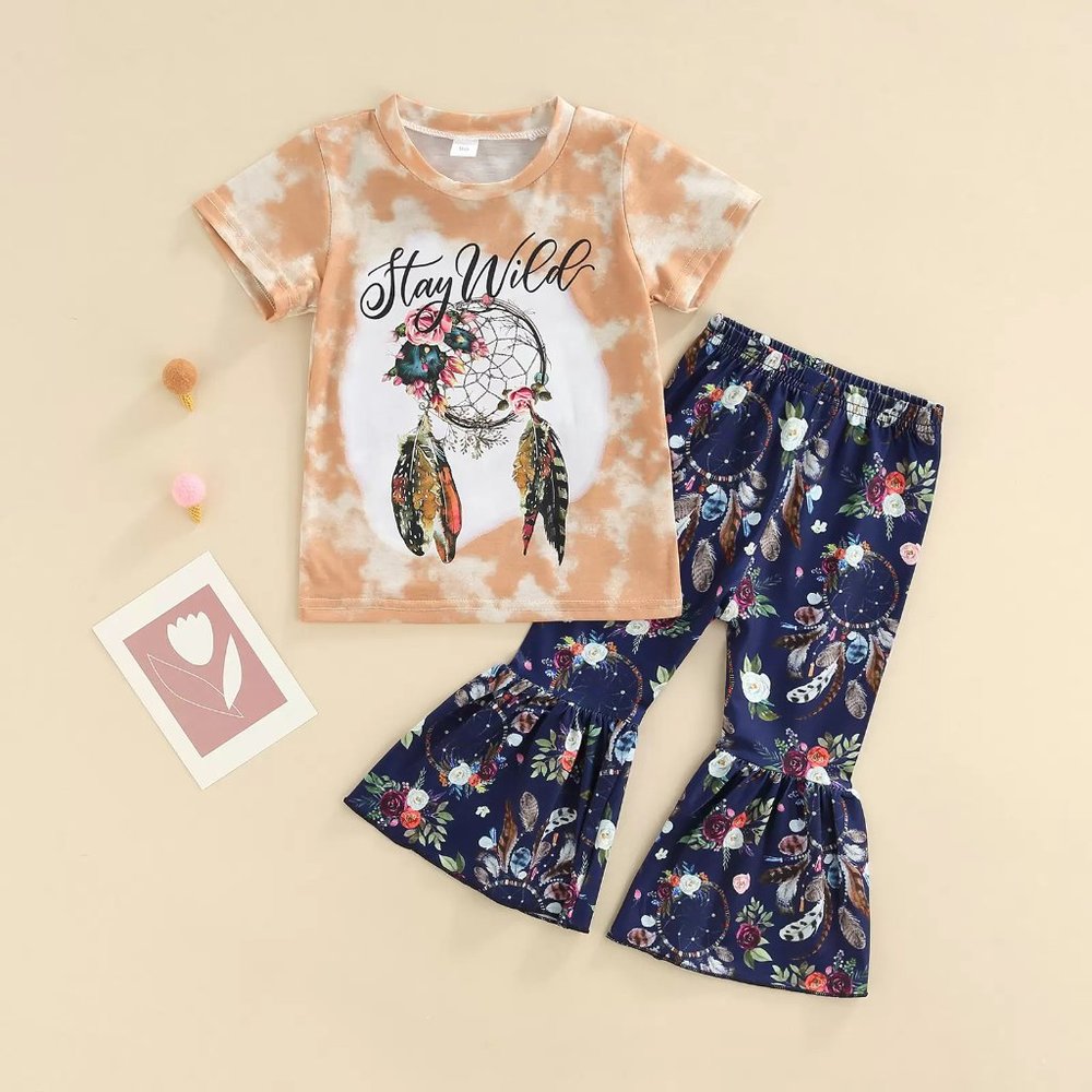 Stay Wild Tie-Dye Tee & Floral Flare Pants Dream Catcher 2pcs Little Girl